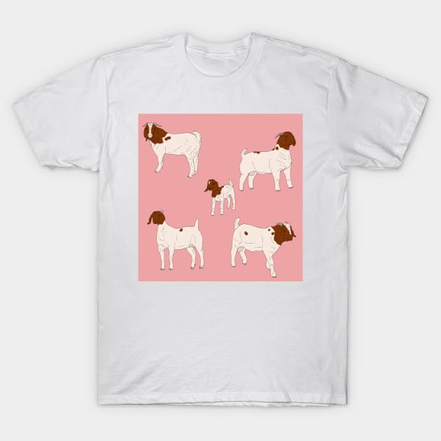 Boer Goats Pattern Pink T-Shirt by TrapperWeasel